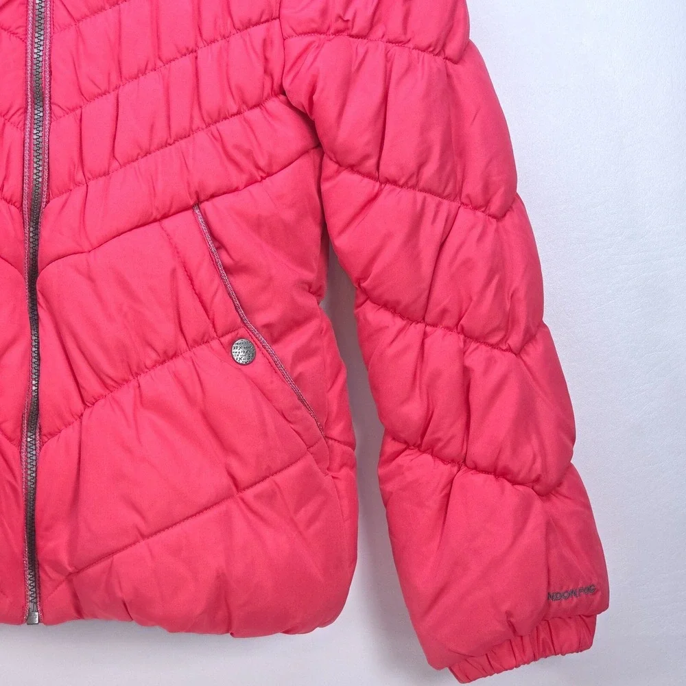 London Fog‎ Lined Puffer Jacket Girl's Large Fur Trim Hood Insulated Preppy Fun